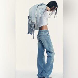 Zara Extra long High Waist Distressed, Raw Hem, zip fly Denim Jeans.